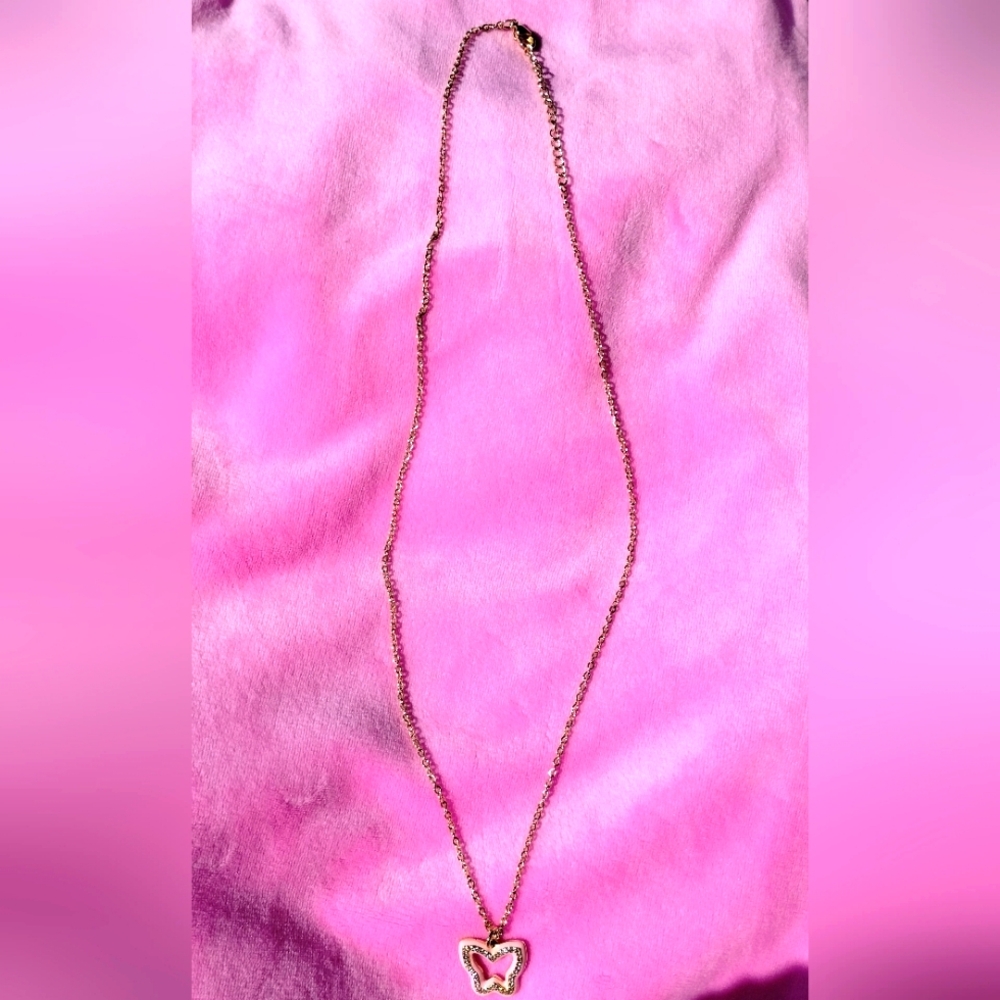Pink Enamel & Crystal Butterfly Pendant Necklace - Picture 3 of 3